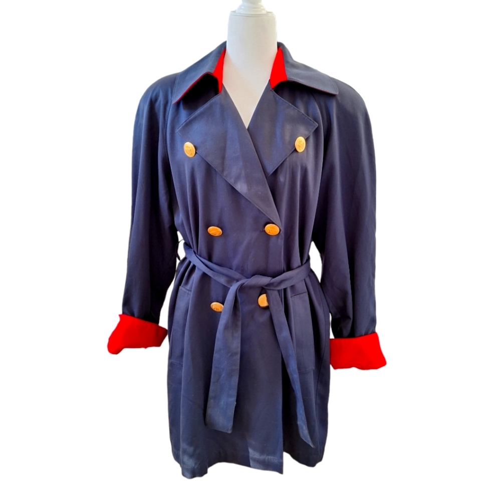 Barrie Pace Ltd. Women's Vintage Navy Blue Gold Crest Button Trench Coat sz8